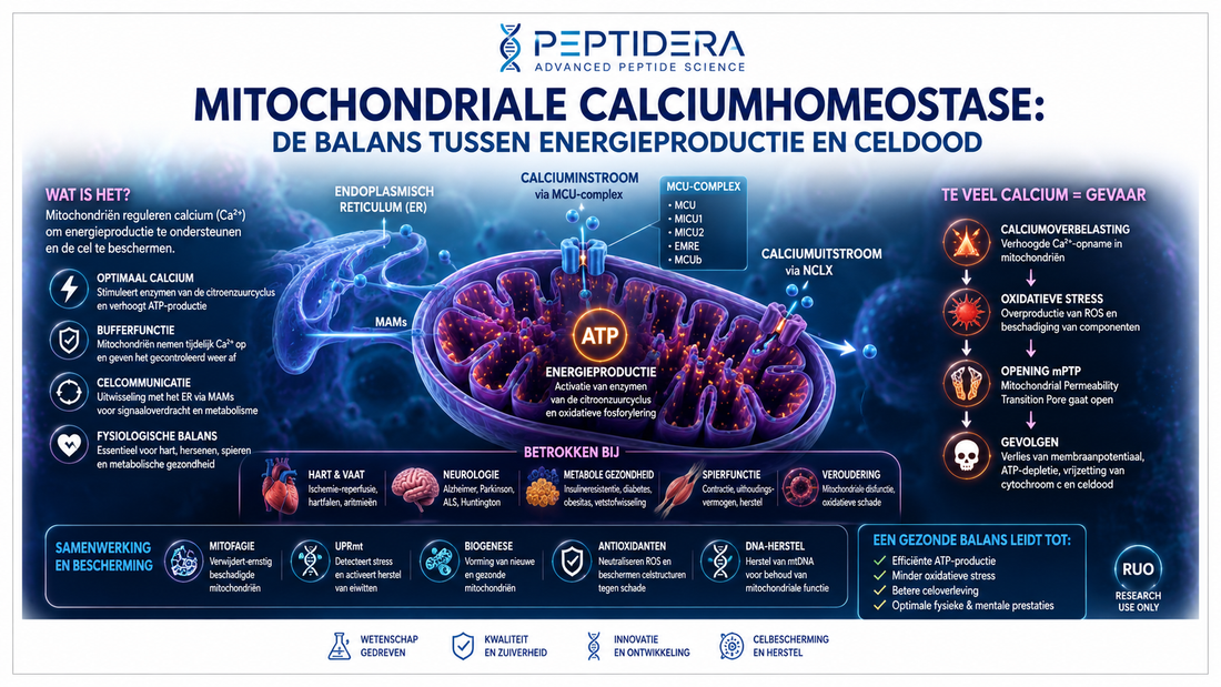 Illustratie van mitochondriale calciumhomeostase met calciumionen, het mitochondrial calcium uniporter (MCU)-complex, ATP-productie en mitochondriën in een cel.