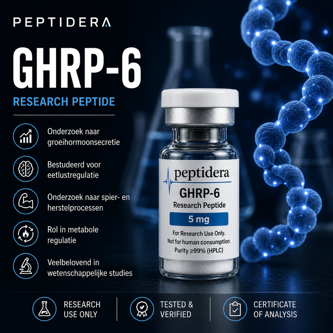 GHRP-6 Research Peptide | Onderzoek naar Groeihormoonsecretie en Metabole Regulatie