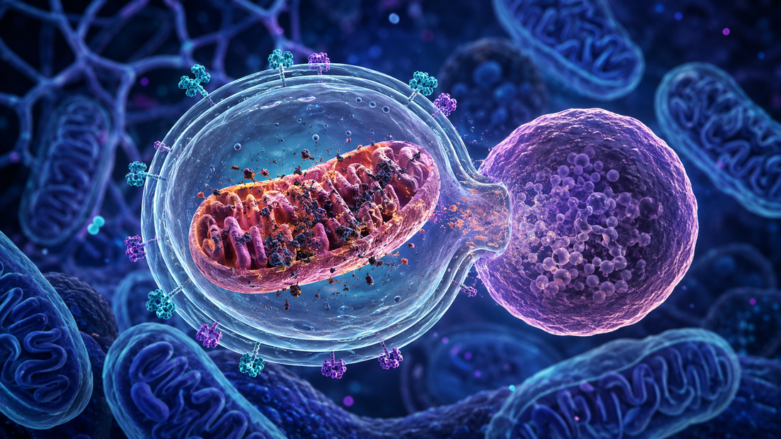Ontdek hoe mitofagie beschadigde mitochondriën herkent en verwijdert via PINK1, Parkin, autofagosomen en lysosomale recycling.