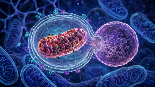 Ontdek hoe mitofagie beschadigde mitochondriën herkent en verwijdert via PINK1, Parkin, autofagosomen en lysosomale recycling.