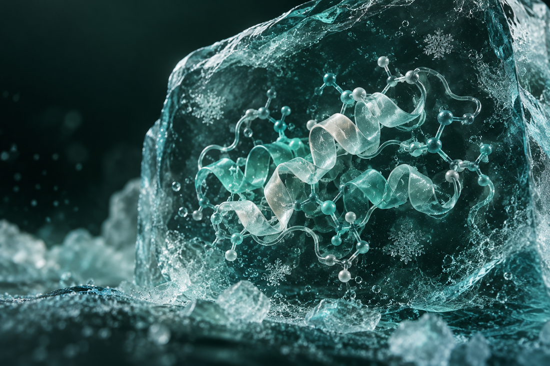 Conceptuele wetenschappelijke AI-illustratie bij Hoe peptides bewaren? Complete handleiding voor opslag en stabiliteit; geen foto uit het onderzoek.