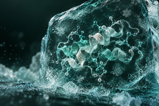 Conceptuele wetenschappelijke AI-illustratie bij Hoe peptides bewaren? Complete handleiding voor opslag en stabiliteit; geen foto uit het onderzoek.