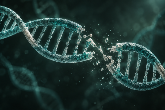 Conceptuele wetenschappelijke AI-illustratie bij Wat is genomische instabiliteit? Een belangrijk kenmerk van biologische veroudering; geen foto uit het onderzoek.