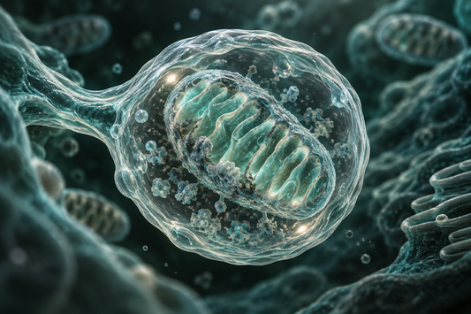 Conceptuele wetenschappelijke AI-illustratie bij Wat is mitofagie? Het onderhoudssysteem van je mitochondriën; geen foto uit het onderzoek.