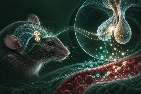 Conceptuele wetenschappelijke AI-illustratie bij CJC-1295 zonder DAC + Ipamorelin | 5 + 5 mg; geen foto uit het onderzoek.