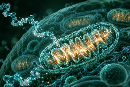 Conceptuele wetenschappelijke AI-illustratie bij Peptides en Mitochondriale Gezondheid: De Energiecentrales van de Cel; geen foto uit het onderzoek.