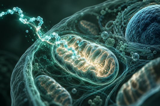 Conceptuele wetenschappelijke AI-illustratie bij Humanin Peptide: Onderzoek naar Celbescherming en Gezond Ouder Worden; geen foto uit het onderzoek.