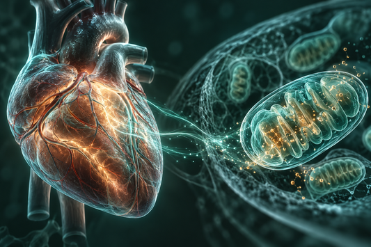 Conceptuele wetenschappelijke AI-illustratie bij Peptides en Hartgezondheid | Onderzoek naar Mitochondriën en Energie; geen foto uit het onderzoek.
