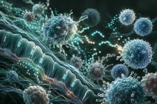 Conceptuele wetenschappelijke AI-illustratie bij Peptides en Immuungezondheid: Onderzoek naar Afweer, Ontstekingsbalans en Celcommunicatie; geen foto uit het onderzoek.