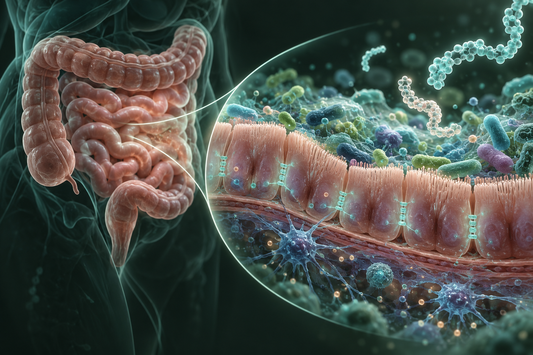 Conceptuele wetenschappelijke AI-illustratie bij Peptides en Darmgezondheid: Onderzoek naar Microbioom, Darmbarrière en Ontstekingsbalans; geen foto uit het onderzoek.