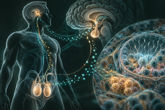 Conceptuele wetenschappelijke AI-illustratie bij Peptides en Mannelijke Hormoongezondheid: Onderzoek naar HPTA, Hormonen en Veroudering; geen foto uit het onderzoek.