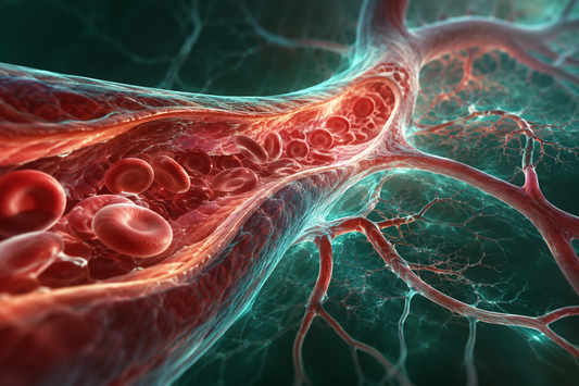 Conceptuele wetenschappelijke AI-illustratie bij Peptides en Bloedvaten: Onderzoek naar Vasculaire Gezondheid en Doorbloeding; geen foto uit het onderzoek.