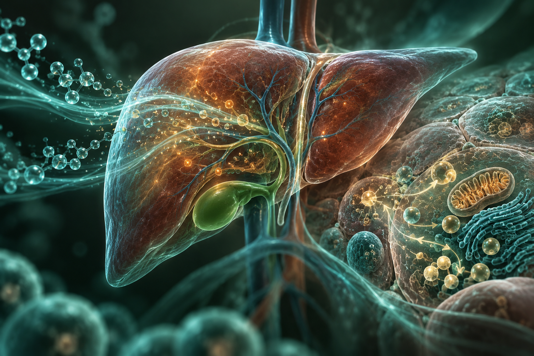 Conceptuele wetenschappelijke AI-illustratie bij Peptides en Levergezondheid: Onderzoek naar Metabolisme, Ontgifting en Cellulaire Gezondheid; geen foto uit het onderzoek.