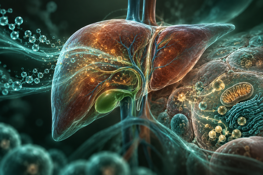Conceptuele wetenschappelijke AI-illustratie bij Peptides en Levergezondheid: Onderzoek naar Metabolisme, Ontgifting en Cellulaire Gezondheid; geen foto uit het onderzoek.