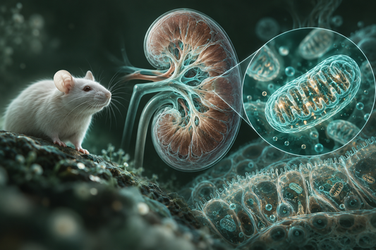 Conceptuele wetenschappelijke AI-illustratie bij Peptides en Nieronderzoek: Onderzoek naar Mitochondriën, Celgezondheid en Veroudering; geen foto uit het onderzoek.