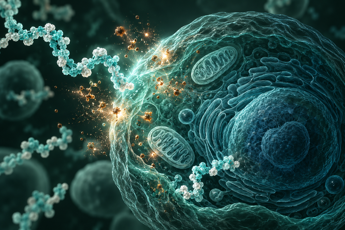 Conceptuele wetenschappelijke AI-illustratie bij Peptides en Oxidatieve Stress: Onderzoek naar Celbescherming en Gezond Ouder Worden; geen foto uit het onderzoek.