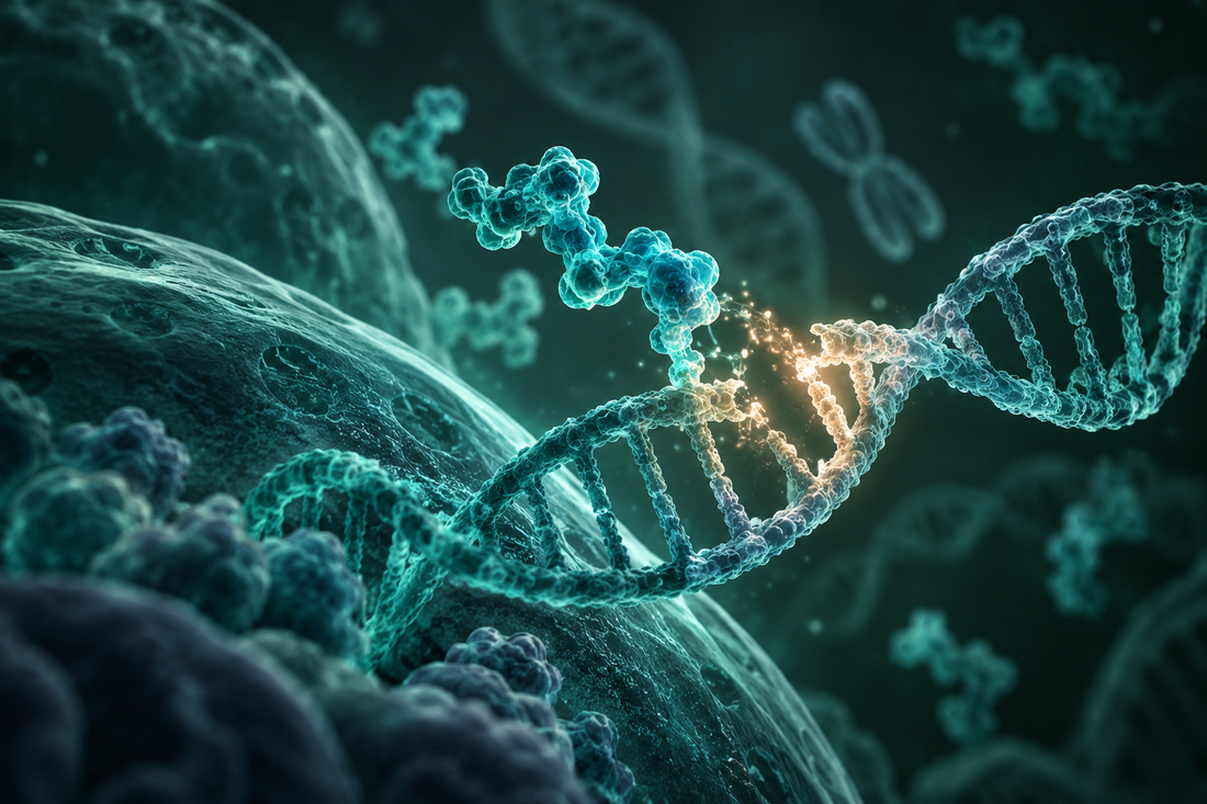 Conceptuele wetenschappelijke AI-illustratie bij Peptides en DNA-Herstel: Onderzoek naar Celvernieuwing en Genetische Stabiliteit; geen foto uit het onderzoek.