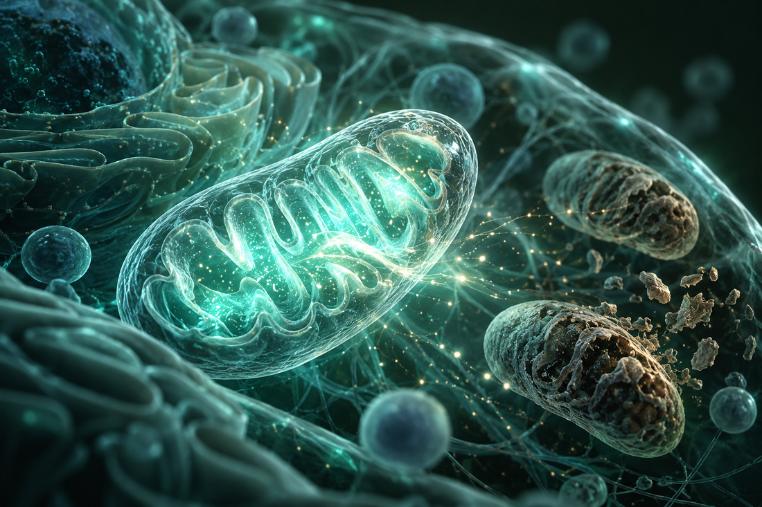 Conceptuele wetenschappelijke AI-illustratie bij Peptides en Mitochondriale Veroudering: Onderzoek naar Energie, Celgezondheid en Longevity; geen foto uit het onderzoek.