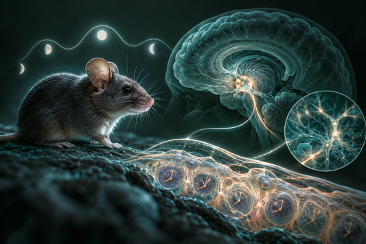 Conceptuele wetenschappelijke AI-illustratie bij Peptides en Circadiaans Ritme: Onderzoek naar Biologische Klokken en Gezond Ouder Worden; geen foto uit het onderzoek.
