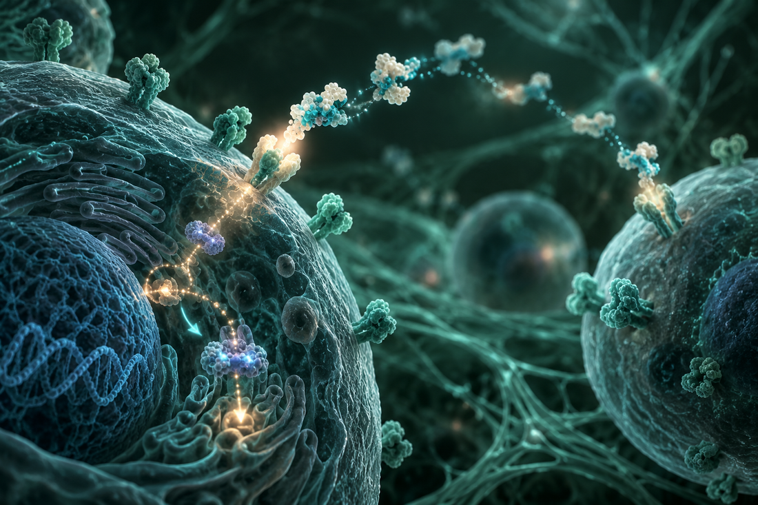 Conceptuele wetenschappelijke AI-illustratie bij Peptides en Cellulaire Communicatie: Onderzoek naar Signaalroutes en Gezond Ouder Worden; geen foto uit het onderzoek.