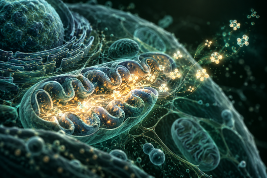 Conceptuele wetenschappelijke AI-illustratie bij Peptides en Cellulaire Energie: Onderzoek naar ATP, Mitochondriën en Vitaliteit; geen foto uit het onderzoek.