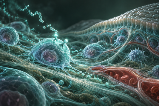Conceptuele wetenschappelijke AI-illustratie bij Peptides en Weefselhomeostase: Onderzoek naar Biologische Balans en Celregulatie; geen foto uit het onderzoek.