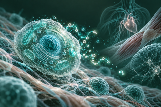 Conceptuele wetenschappelijke AI-illustratie bij Peptides en Cellulaire Veerkracht: Onderzoek naar Weerbaarheid en Gezond Ouder Worden; geen foto uit het onderzoek.