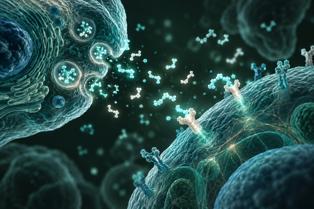 Conceptuele wetenschappelijke AI-illustratie bij Peptides en Intercellulaire Signaaloverdracht: Onderzoek naar Celcommunicatie en Biologische Coördinatie; geen foto uit het onderzoek.