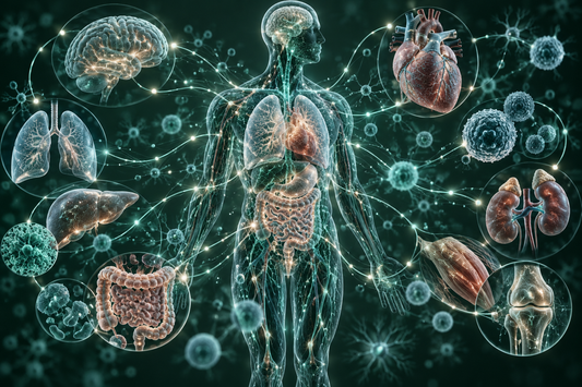 Conceptuele wetenschappelijke AI-illustratie bij Peptides en Systeembiologie: Onderzoek naar de Samenwerking tussen Cellen, Organen en Signaalroutes; geen foto uit het onderzoek.