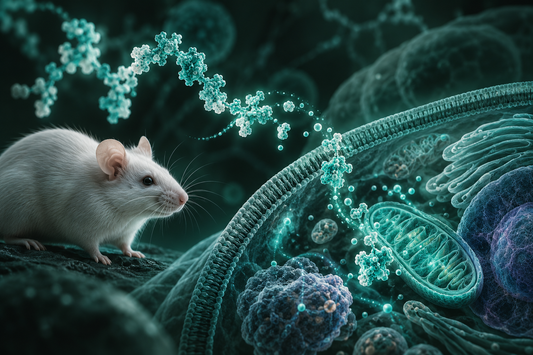 Conceptuele wetenschappelijke AI-illustratie bij Peptidera Peptides en Biohacking: Onderzoek naar Optimalisatie van Biologische Processen; geen foto uit het onderzoek.