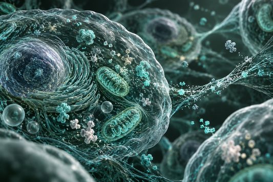 Conceptuele wetenschappelijke AI-illustratie bij Peptidera Peptides en Gezonde Levensduur: Onderzoek naar Longevity en Biologische Veroudering; geen foto uit het onderzoek.