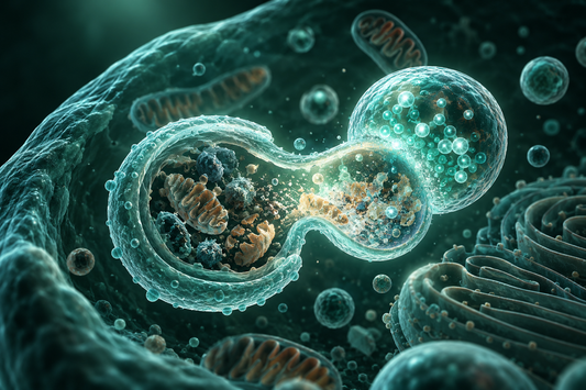 Conceptuele wetenschappelijke AI-illustratie bij Peptidera Peptides en Autofagie: Onderzoek naar Cellulaire Recycling en Gezond Ouder Worden; geen foto uit het onderzoek.