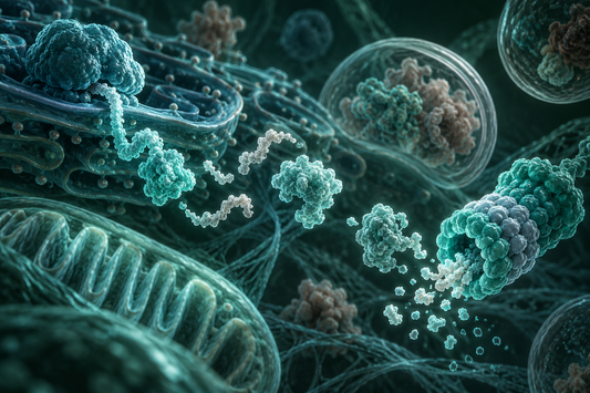 Conceptuele wetenschappelijke AI-illustratie bij Peptidera Peptides en Proteostase: Onderzoek naar Eiwitkwaliteit en Cellulaire Gezondheid; geen foto uit het onderzoek.