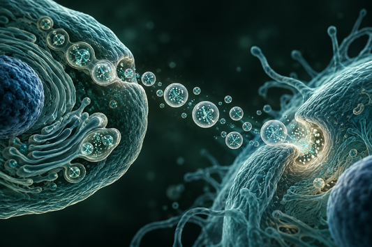 Conceptuele wetenschappelijke AI-illustratie bij Peptidera Peptides en Exosomen: Onderzoek naar Intercellulaire Communicatie en Regeneratieve Processen; geen foto uit het onderzoek.