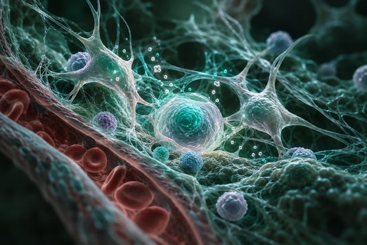Conceptuele wetenschappelijke AI-illustratie bij Peptidera Peptides en Stamcel-Niches: Onderzoek naar de Micro-omgeving van Stamcellen; geen foto uit het onderzoek.