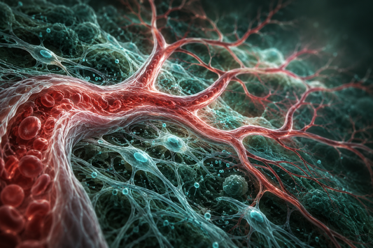 Conceptuele wetenschappelijke AI-illustratie bij Peptidera Peptides en Angiogenese: Onderzoek naar Bloedvatvorming en Weefselregeneratie; geen foto uit het onderzoek.