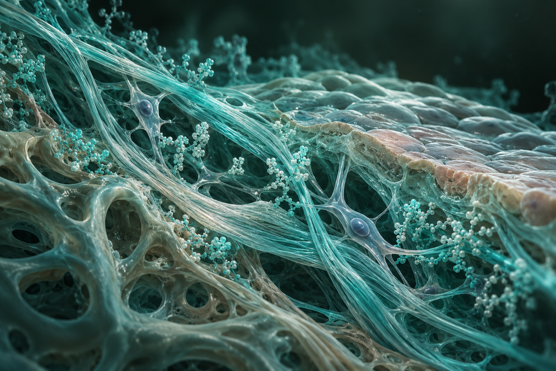 Conceptuele wetenschappelijke AI-illustratie bij Peptidera Peptides en Extracellulaire Matrix (ECM): Onderzoek naar Weefselstructuur en Regeneratie; geen foto uit het onderzoek.