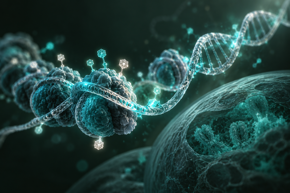 Conceptuele wetenschappelijke AI-illustratie bij Peptidera Peptides en Epigenetica: Onderzoek naar Genexpressie en Biologische Regulatie; geen foto uit het onderzoek.