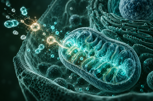 Conceptuele wetenschappelijke AI-illustratie bij Peptidera Peptides en Redoxbiologie: Onderzoek naar Cellulaire Balans en Oxidatieve Regulatie; geen foto uit het onderzoek.