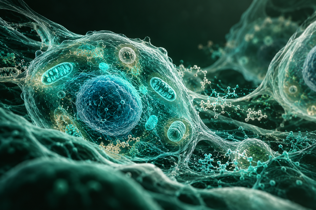 Conceptuele wetenschappelijke AI-illustratie bij Peptidera Peptides en Cellulaire Adaptatie: Onderzoek naar Biologische Veerkracht; geen foto uit het onderzoek.