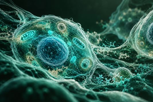 Conceptuele wetenschappelijke AI-illustratie bij Peptidera Peptides en Cellulaire Adaptatie: Onderzoek naar Biologische Veerkracht; geen foto uit het onderzoek.