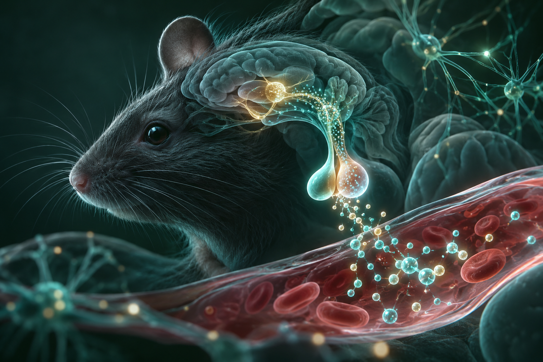 Conceptuele wetenschappelijke AI-illustratie bij CJC-1295 zonder DAC + Ipamorelin: synergie in onderzoek; geen foto uit het onderzoek.