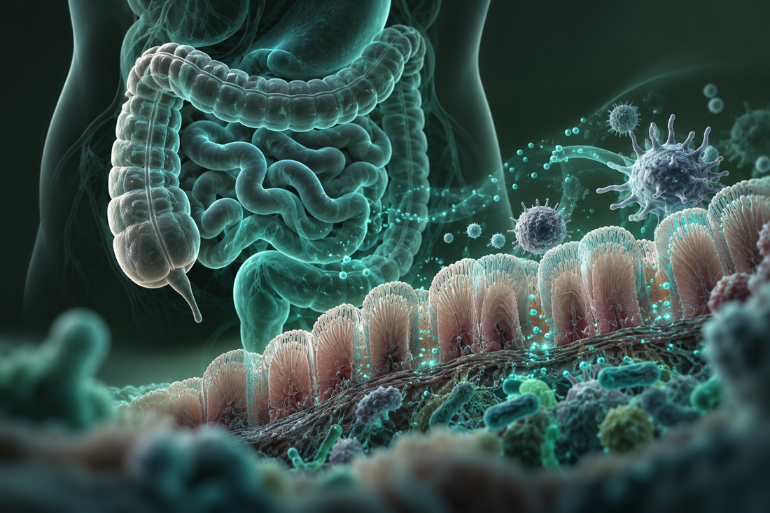 Conceptuele wetenschappelijke AI-illustratie bij KPV: Onderzoek naar Ontstekingsregulatie, Darmgezondheid en Weefselherstel; geen foto uit het onderzoek.