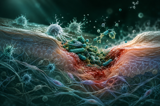 Conceptuele wetenschappelijke AI-illustratie bij LL-37 Research Peptide | Onderzoek naar Immuniteit, Biofilms en Wondherstel; geen foto uit het onderzoek.
