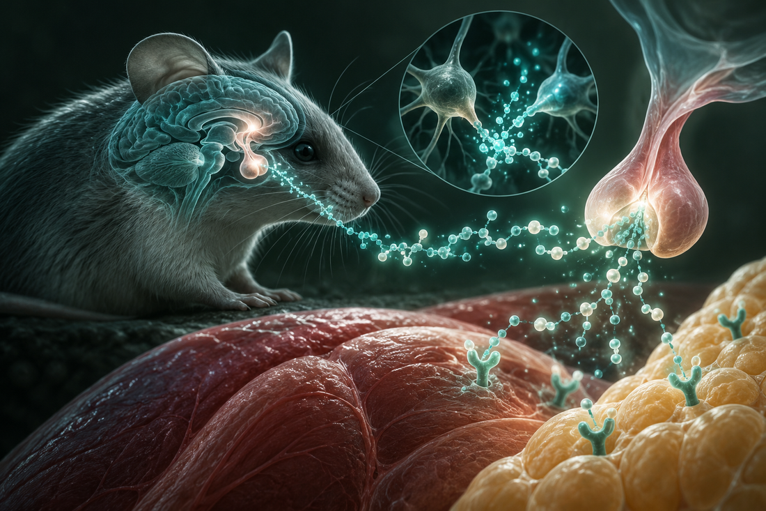 Conceptuele wetenschappelijke AI-illustratie bij GHRP-6 Research Peptide | Onderzoek naar Groeihormoonsecretie en Metabole Regulatie; geen foto uit het onderzoek.