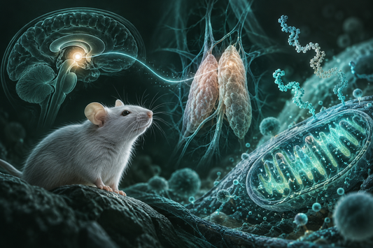 Conceptuele wetenschappelijke AI-illustratie bij Longevity Research Protocol | Epithalon, Thymalin, MOTS-c &amp; SS-31; geen foto uit het onderzoek.