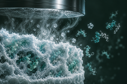 Conceptuele wetenschappelijke AI-illustratie bij Gevriesdroogde peptiden: werking van lyofilisatie; geen foto uit het onderzoek.