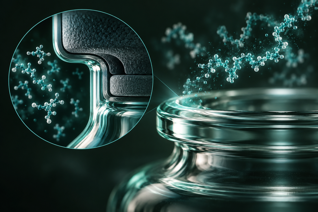 Conceptuele wetenschappelijke AI-illustratie bij Peptidevials: glas, afdichting en stabiliteit; geen foto uit het onderzoek.