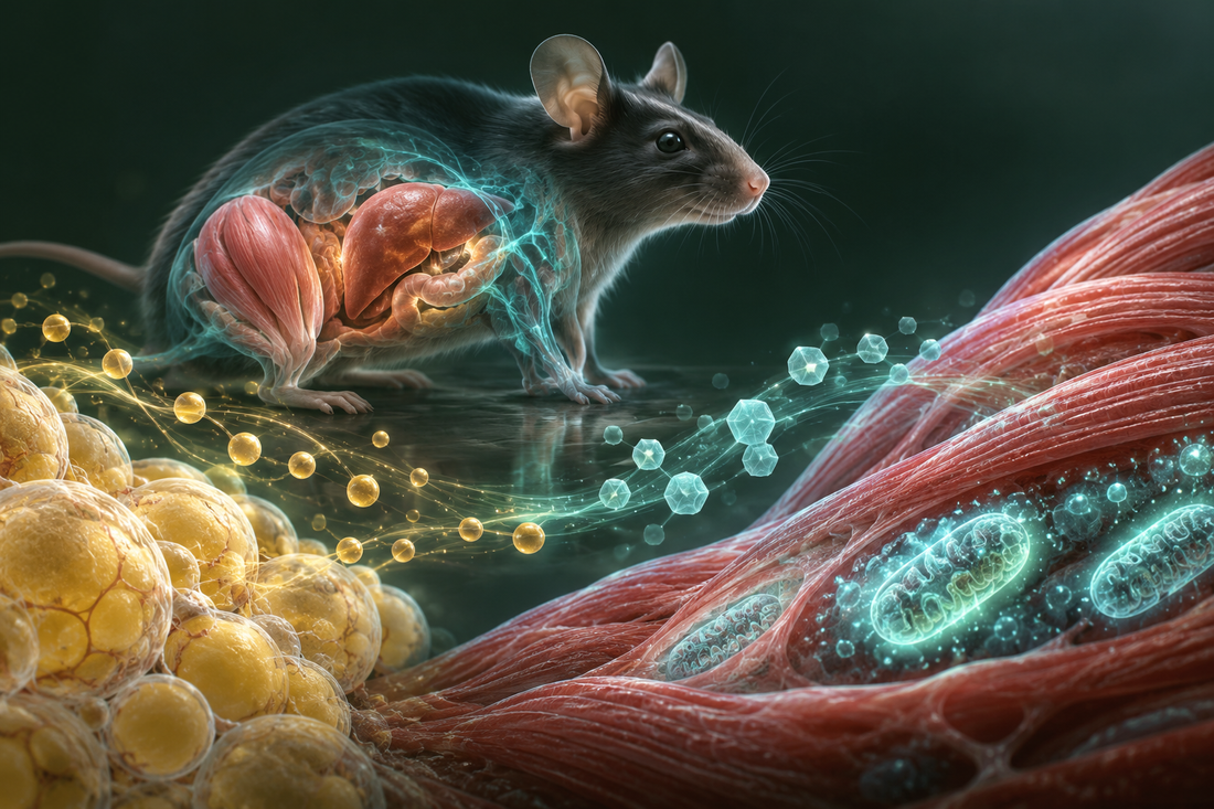 Conceptuele wetenschappelijke AI-illustratie bij NAD⁺ en metabole flexibiliteit: glucose en vetverbranding; geen foto uit het onderzoek.