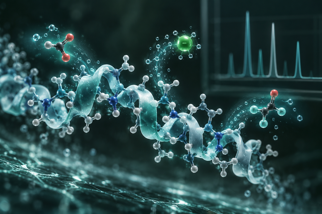 Conceptuele wetenschappelijke AI-illustratie bij Tegenionen bij peptiden: acetaat, chloride en TFA; geen foto uit het onderzoek.